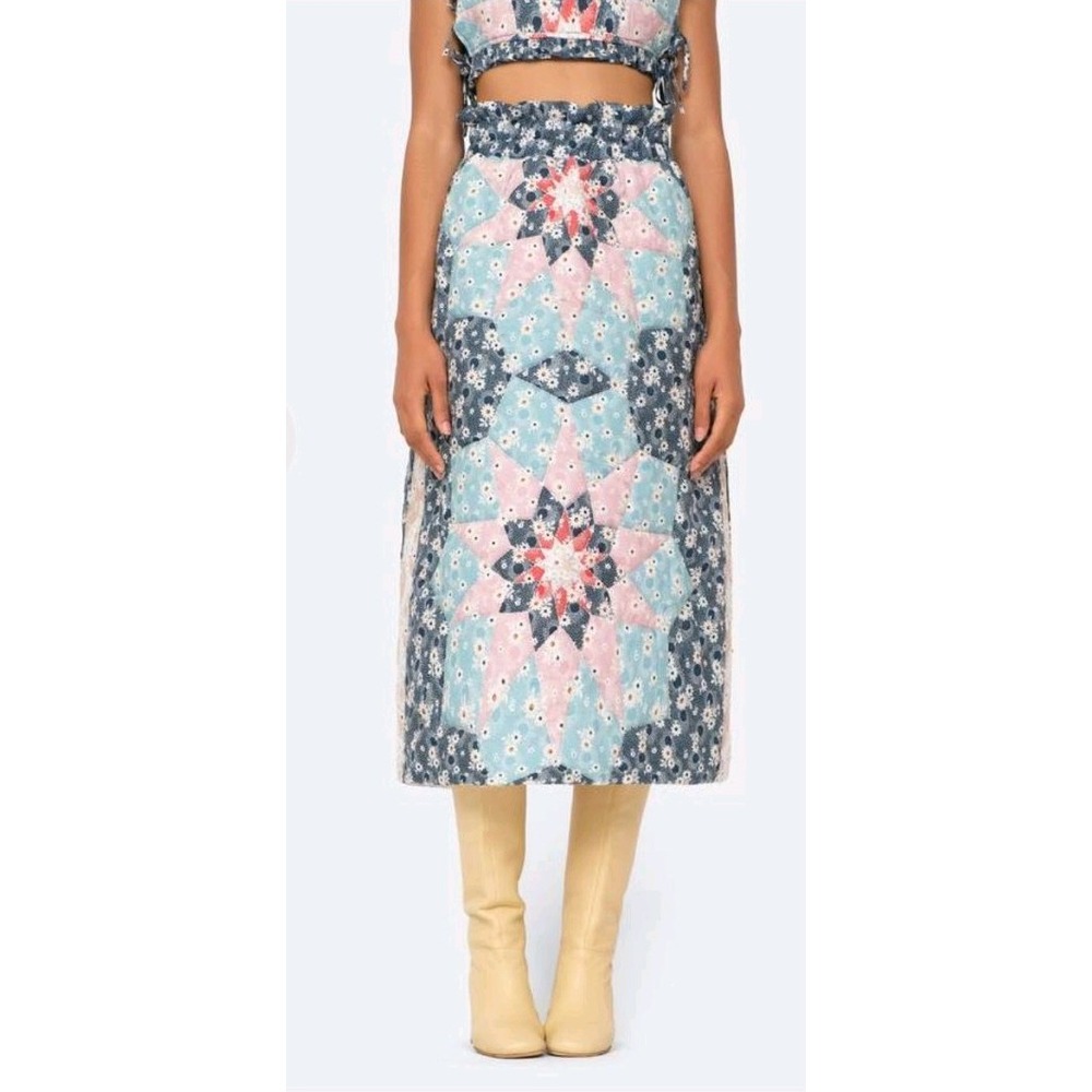 Sea New York Talia Quilted Midi Skirt Womens Medium A-Line 100% Cotton Patchwork - Picture 11 of 13
